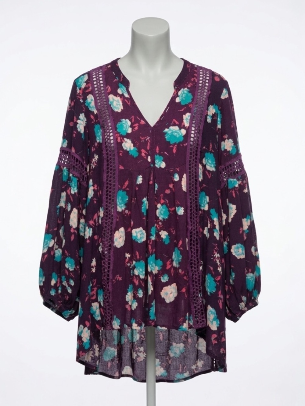 Indigo Thread Co Purple Floral Lace Trim Boho Peasant Tunic Blouse Top Size XL